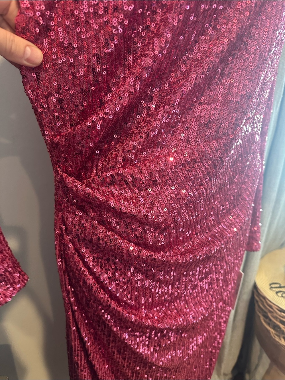 Nanette Lepore Fuchsia Sequin Long Sleeve Ruched Midi Dress - Picture 2 of 7
